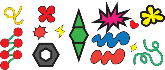 vector illustration of a set of abstract geometric figures. clouds, funky flowers, loops etc trendy cartoon style vector design