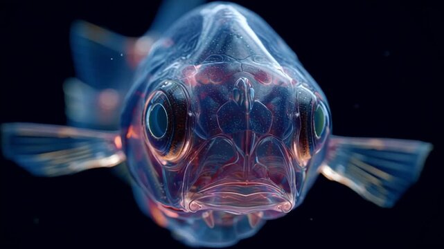 Barreleye fish vision, strange transparent head glowing faintly in abyss, futuristic biology captured.