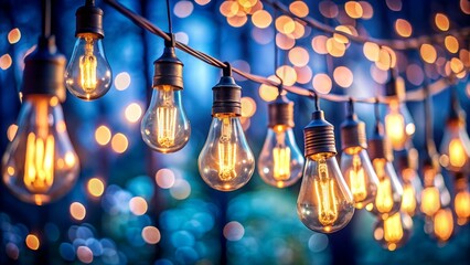 Photo of closeup of vintage incandescent light bulbs strung together, glowing warmly against a blurred blue bokeh background at night
