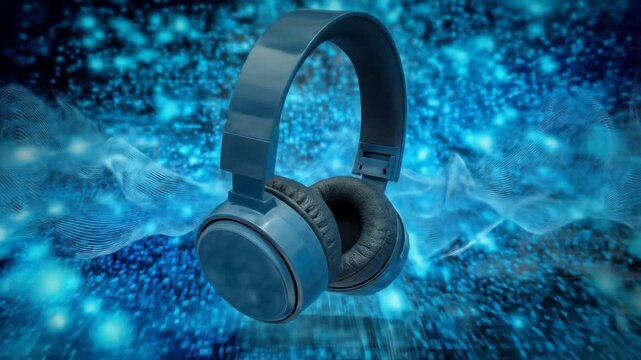 Overhead view of blue headphones against a bright blue background