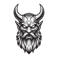 Black and white demon head vector design with bold lines and detailed shading.