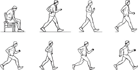 walking man, line art, activity illustration, people movement, daily routine, lifestyle sketch, walking pose, street fashion, motion study, travel concept