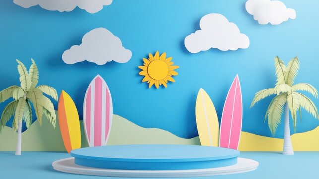Summer beach scene with surfboard display podium - Powered by Adobe