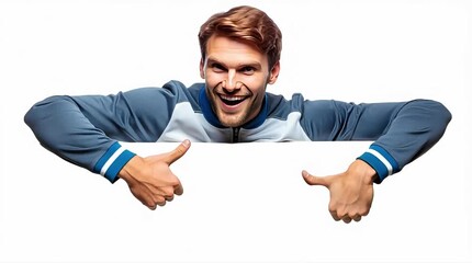 Man giving thumbs up gesture and pointing with both hands against a blank white background for promotional or advertising purposes