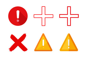 Obraz premium Collection of alert symbols error danger warning caution plus sign cross sign exclamation mark in red and orange