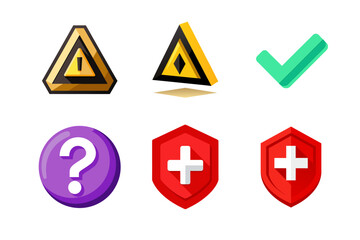 Collection of Flat Design Web Icons Including Warning Sign Check Mark and Question Mark for User Interface Design