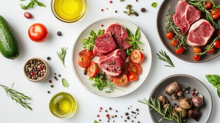 Raw meat on plates with tomatoes, herbs, spices, oil, and veggies for cooking