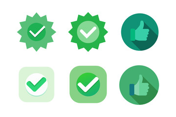 Green Verification Check Mark Icons Thumbs Up Symbols for Social Media and Web Approval Confirmation on White Background