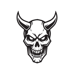 Black and white demon head vector design with bold lines and detailed shading.