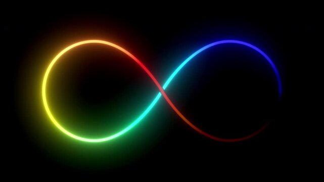 Glowing neon infinity symbol. Infinite loop. Seamless looping. Color cycling effect.
