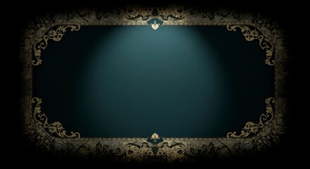 Ornate vintage frame with spotlight illuminating a dark background