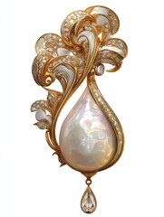 ornate antique pearl and diamond brooch isolated on transparent background