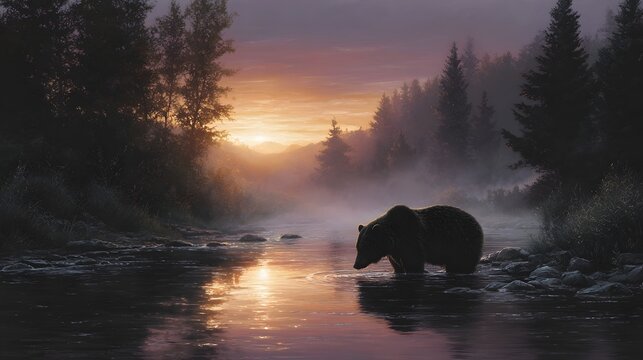 A solitary grizzly bear wades through a misty river during a serene sunset