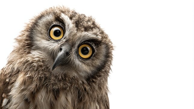 Adorable young owl with fluffy feathers and large golden eyes tilting head curiously against clean white background in studio portrait