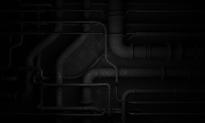 View of steel pipelines in dark scene 3d rendering  science fiction wallpaper background