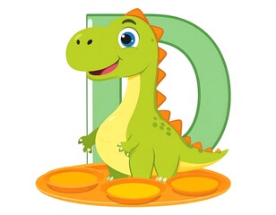 Fototapeta premium A cute cartoon dinosaur stands smiling, framed by a giant green letter 