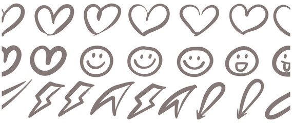Monochrome Heart and Smile Doodle Pattern with Lightning Line Icons