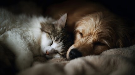 A dog and a cat sleep peacefully together nestled in a cozy blanket embodying warmth and companionship