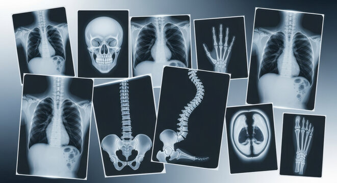 Collection of Medical X Ray Images Showing Human Anatomy and Skeletal Structures