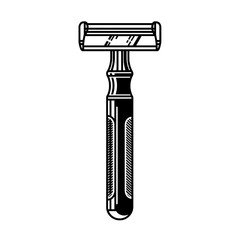 Illustration of a safety razor with a black handle and metal head, isolated on a white background.