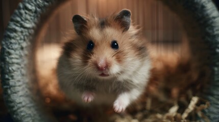 Close up portrait of a cute fluffy hamster looking forward with curiosity
