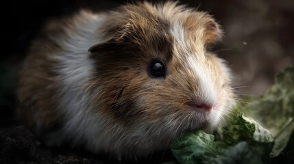 Close up of a cute brown and white guinea pig eating a fresh green lettuce leaf in dramatic light