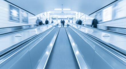 Fototapeta premium Blurry motion of people on a modern subway station escalator