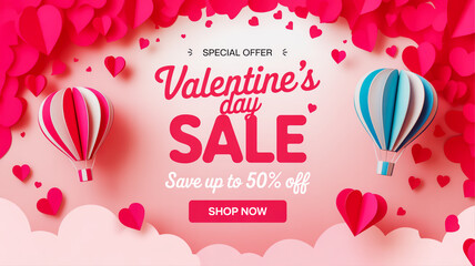 Valentine's Day Sale banner with hot air balloons and paper hearts advertisement
