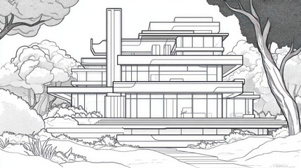 Modern house drawing, lines, amid trees; architecture design, illustration for blueprint or plans