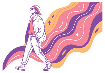 Creative Astronaut Walking Illustration with Flowing Abstract Color Waves