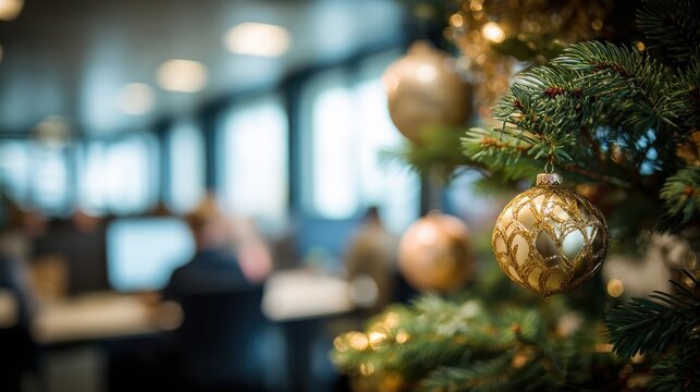 close up of decorated christmas tree in office with business people working in background xmas celebration in corporate office detail of christmas balls and lights with working office no logos no bra