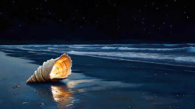 A seashell glows on a dark shore reflecting light from within, under a starry sky, beside ocean waves