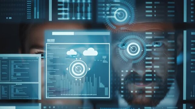 Data privacy protection, professional business team securing servers and cloud data with futuristic icons.