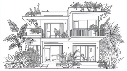 Two story house with lush rooftop plants, front yard garden, architectural plan