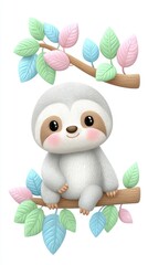 Adorable Gray Cartoon Sloth on Pastel Branch