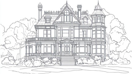 Detailed line art of large Victorian style house with trees, for coloring pages or architectural design