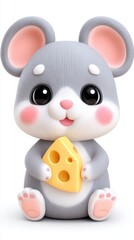 Adorable Gray Mouse Cartoon Holding Cheese