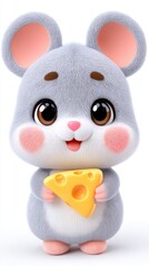 Adorable Gray Mouse with Cheese on White Background
