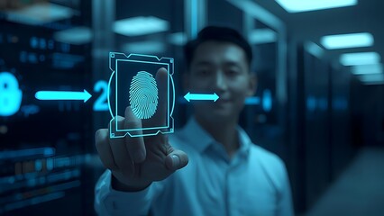 Man interacting with a digital fingerprint security interface in a server room