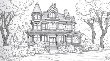 Detailed sketch of a victorian house surrounded by trees. Background suggests coloring page