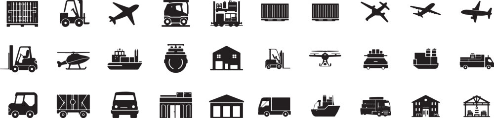 transport icons, shipping vector, delivery truck, cargo ship, freight symbol, airplane transport, logistic service, supply chain, import export, travel route