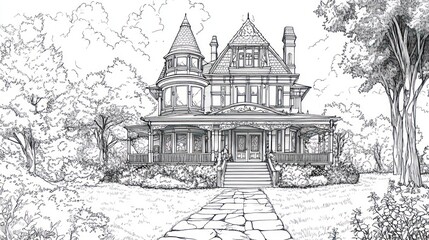 Line drawing of a large house with detailed architecture, surrounded by trees, used for coloring pages