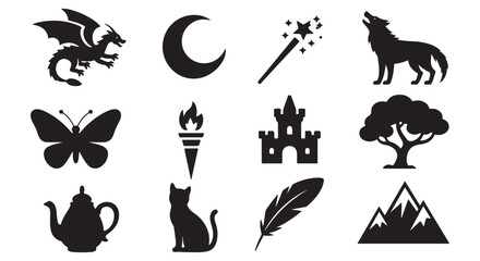 Black Silhouette Icons of Fantasy and Nature — Dragon, Castle, Moon, Tree, Cat