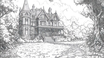 House Sketch Detailed building drawing with trees. Use architectural plan, story illustration, coloring book