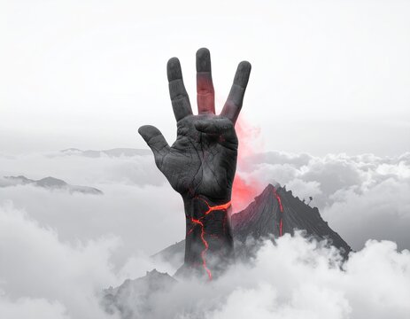 Vulcan salute hand rising from fiery, cloud shrouded peaks