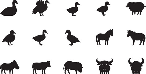  farm animal icons, cow vector, goat icon, sheep illustration, horse vector, pig symbol, village animals, agriculture livestock, animal farming, black vector
