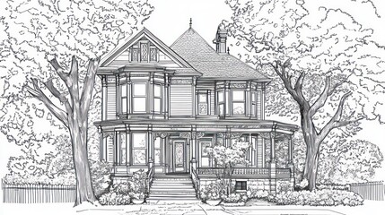 House sketch, 2 stories, trees, foliage background, illustration use