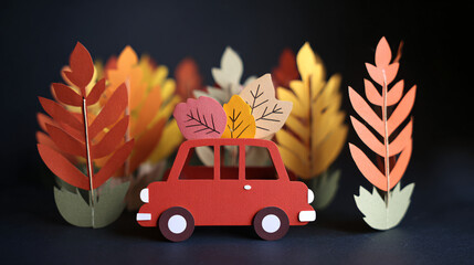 cute paper cutout autumn van flat craft easy 2d paper craft project for little kids - vacation background
