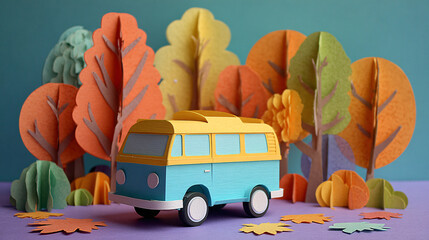 cute paper cutout autumn van flat craft easy 2d paper craft project for little kids - vacation background