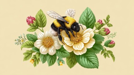 Bumblebee on White Flowers and Green Leaves, Detailed Mosaic Illustration